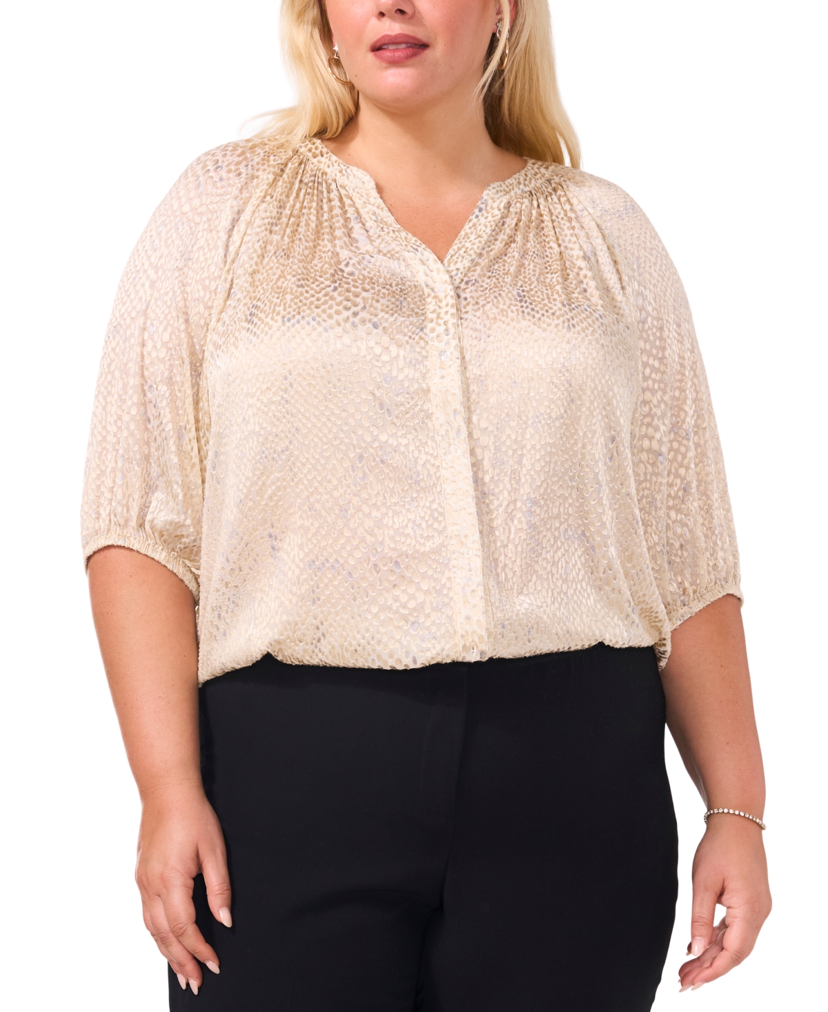 VINCE CAMUTO PLUS SIZE PRINTED SPLIT-NECK BUTTON-FRONT BLOUSE, CREATED FOR MACY'S 