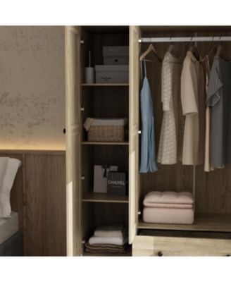 Brown Rattan Doors Wardrobe with 5-Drawers,2-Hanging Rods,Top Cabinet