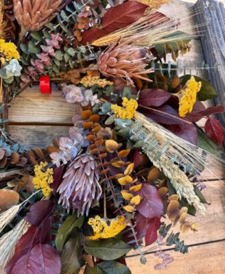 Real Preserved Wreath Salal Brown, Red, Wheat, Sorghum, Dried Pink Ice Protea Flower, Baby Blue Eucalyptus and Yellow Yarrow, 22"