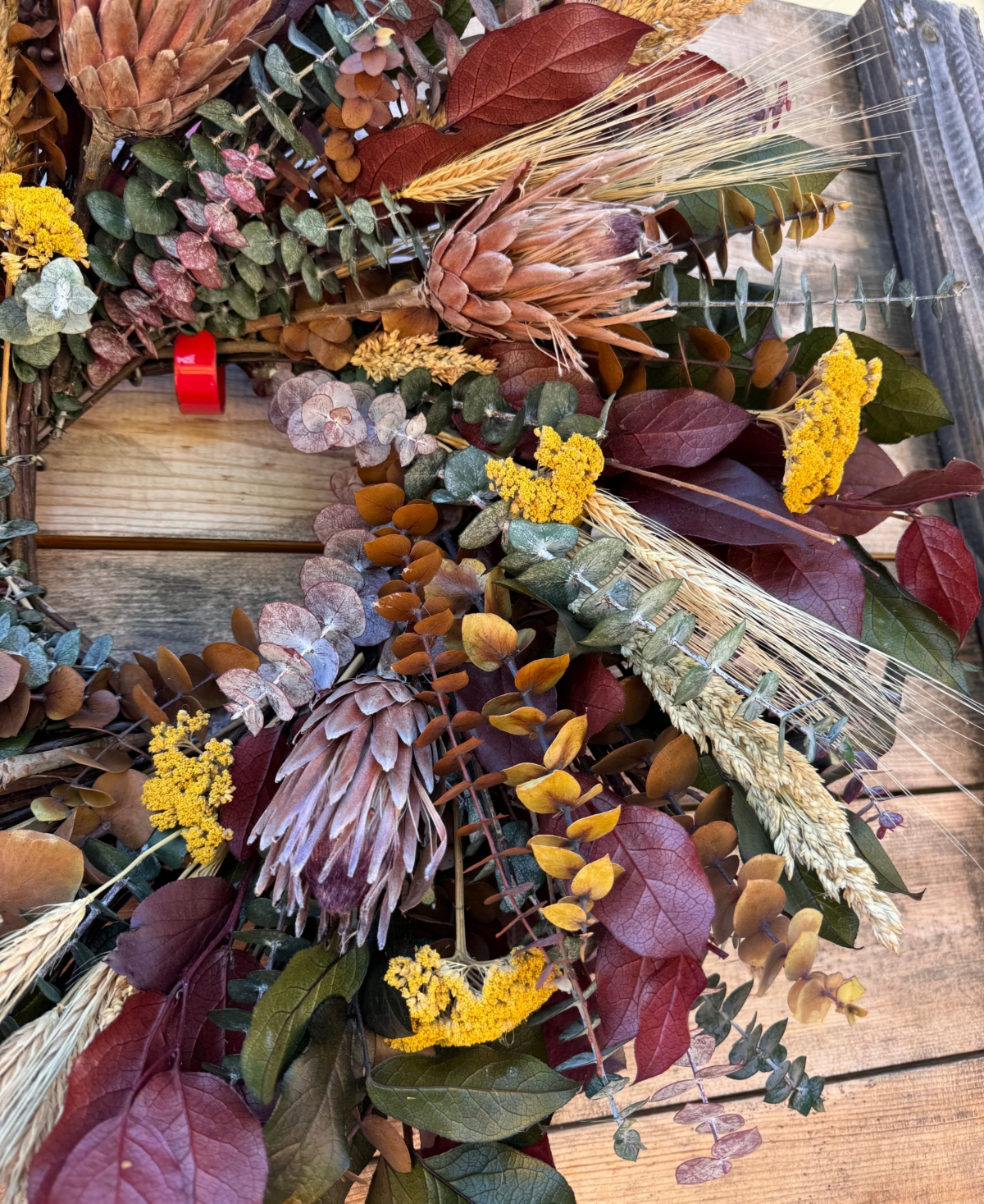 GreenishBlu Real Preserved Wreath Salal Brown, Red, Wheat, Sorghum, Dried Pink Ice Protea Flower, Baby Blue Eucalyptus and Yellow Yarrow, 22