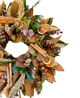 Real Wreath Fresh Magnolia, Preserved Baby Blue Eucalyptus, Dried Sorgum, Real Cinnamon and Dehydrated Orange Slices, 22"