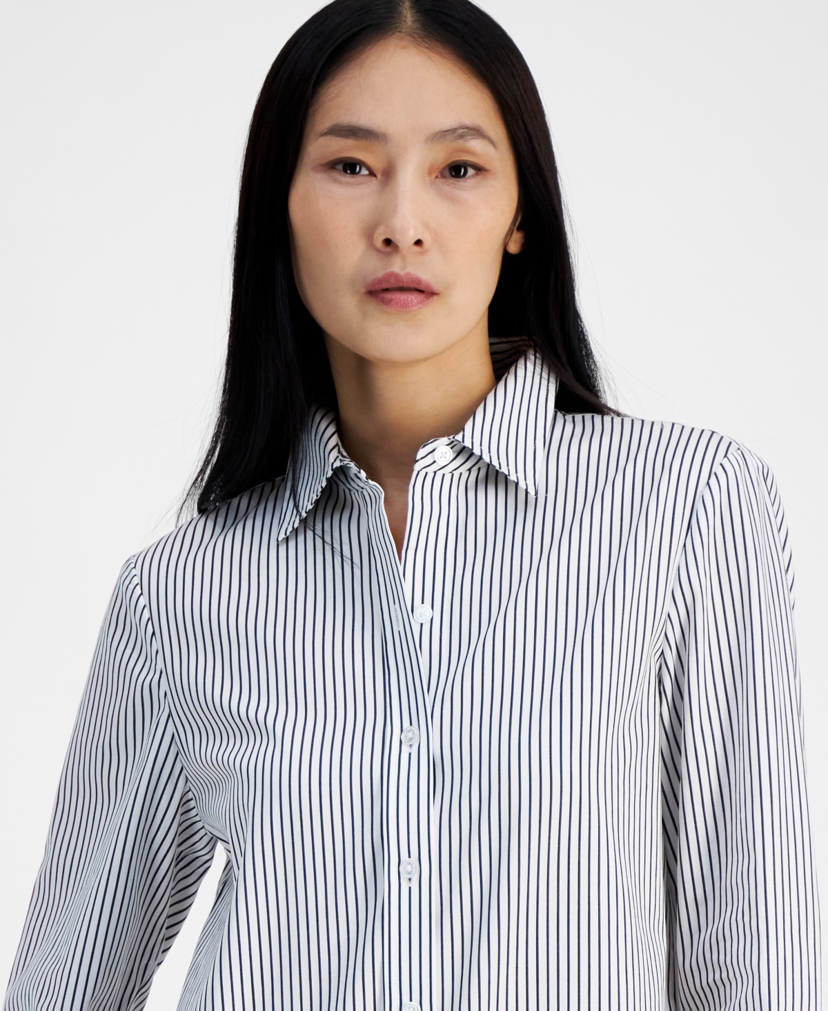 Anne Klein Petite Striped Long-Sleeve Shirt -anne Black