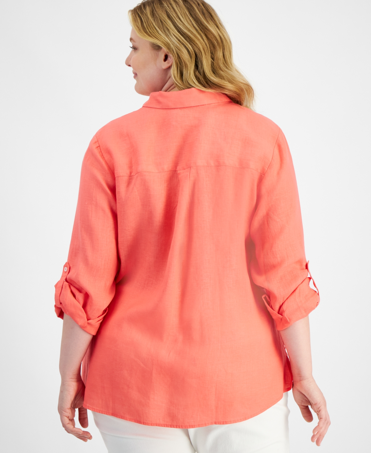 CHARTER CLUB PLUS SIZE 100% LINEN ROLL-TAB SHIRT, EXCLUSIVELY AT MACY'S 