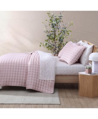 Woven Grid Microfiber Pink 3 Piece Quilt Set-Full/Queen