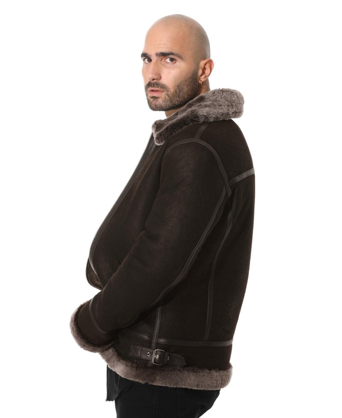 Furniq Uk Men's Shearling Biker Jacket, Vintage Like Camel with Beige Curly Wool