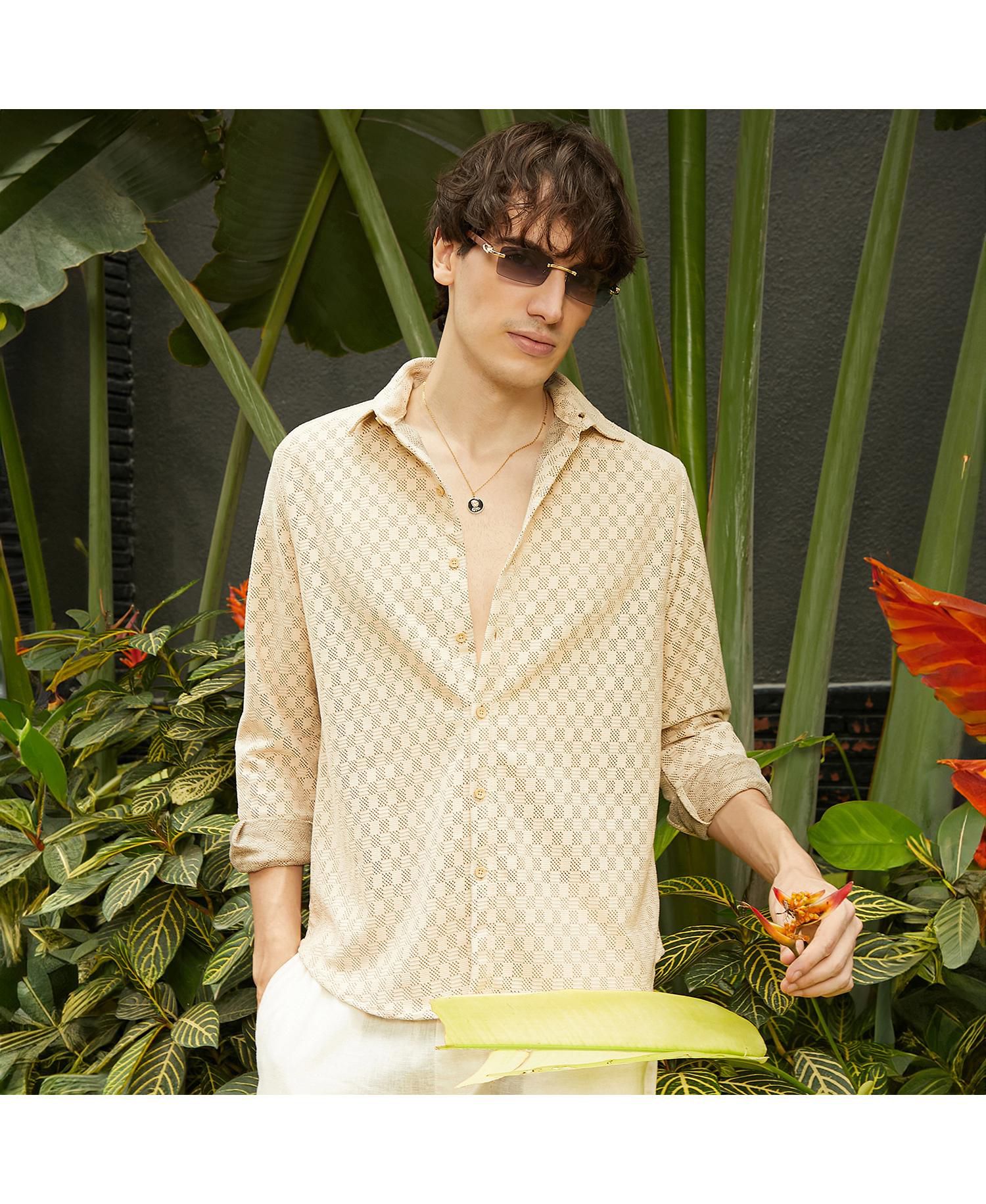Men's Saltbox Beige Checkered-Textured Shirt