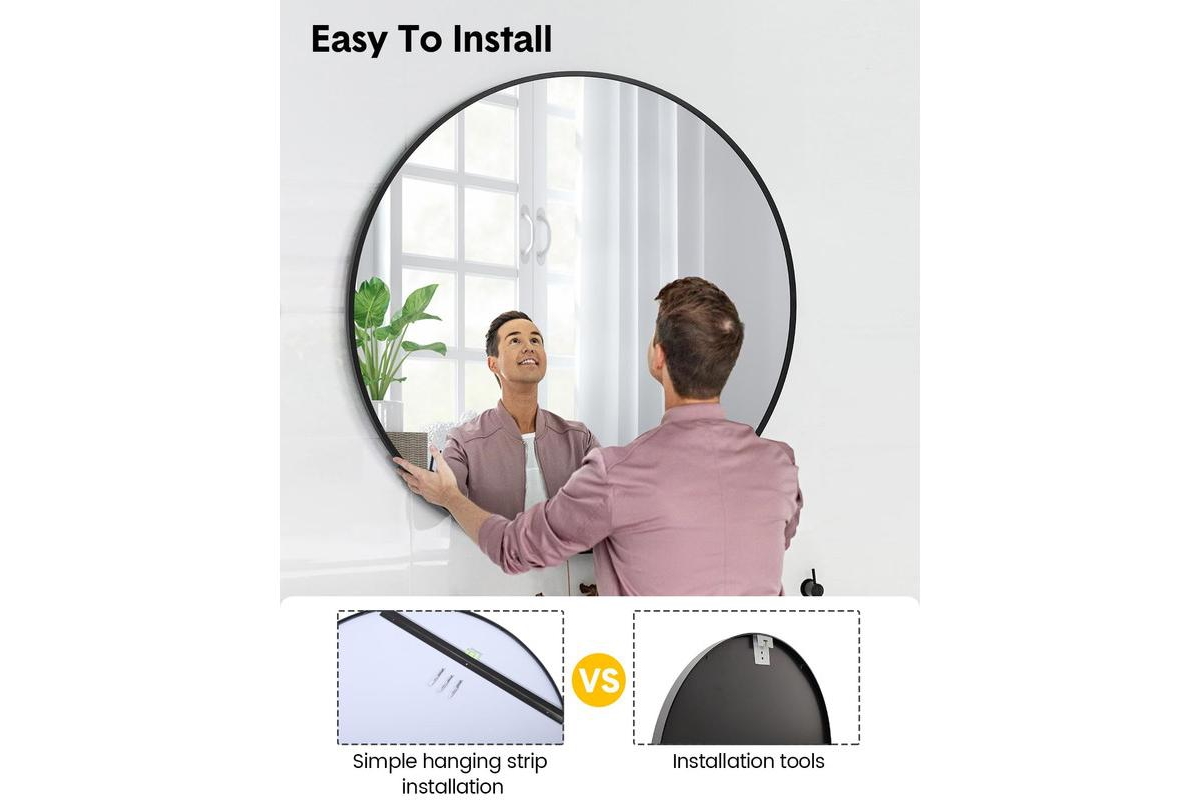 Garmin 24 inch Round Mirror for Wall, Black Metal Frame Circle Mirror, Round Bathroom Mirror for Wall Decor, Round Wall Mirror for Entryway, Vanity, B