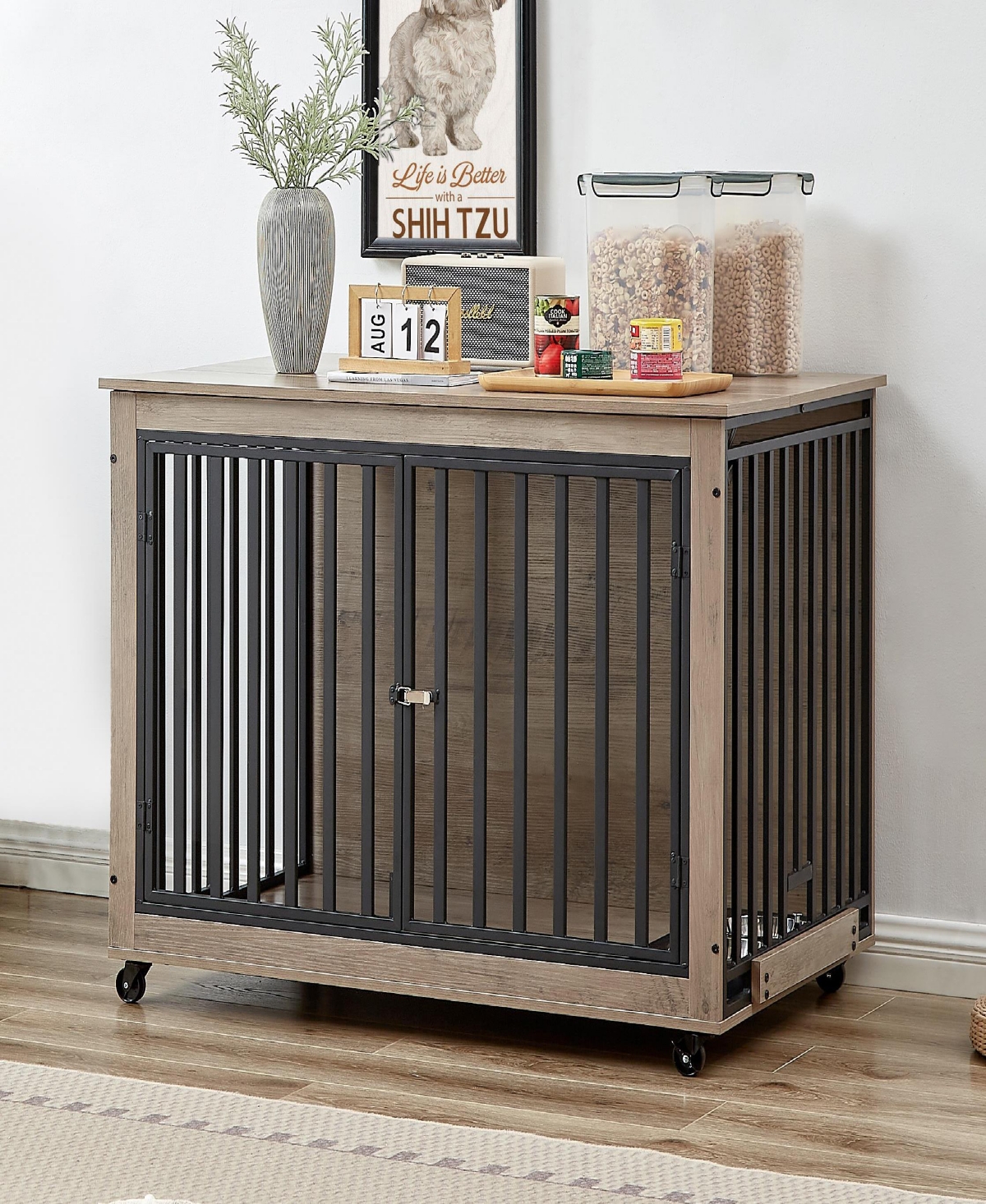 Slickblue Furniture Style Dog Crate Side Table with Integrated Feeding Bowl; Elegant and Practical
