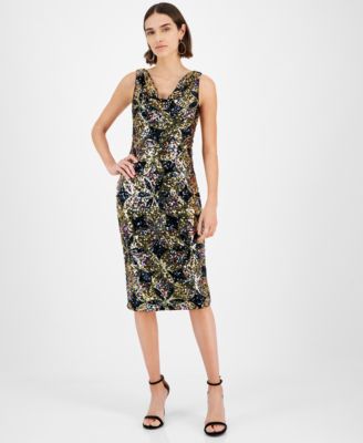 kensie Women's Floral-Motif Sequinned Cowlneck Dress