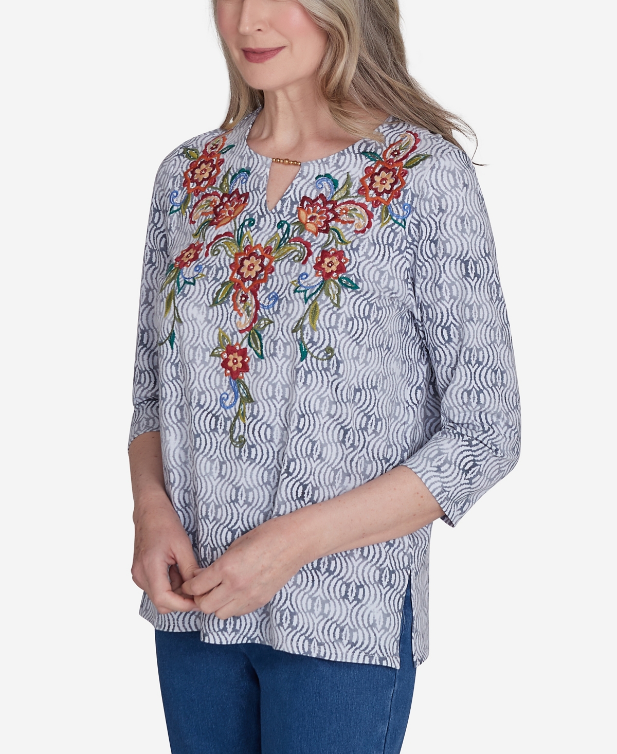 Alfred Dunner Harvest Moon Women's Textured Floral Embroidered Split Neck Top In Grey