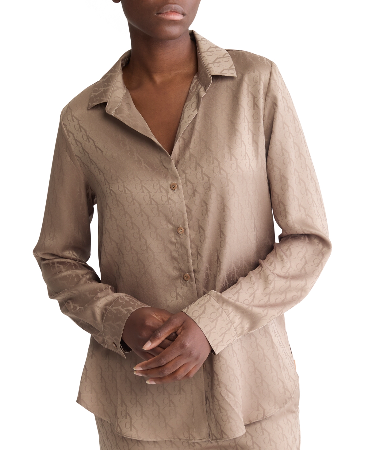 Calvin Klein Women's Satin Jacquard Sleep Shirt - Holiday Shine + Mocha