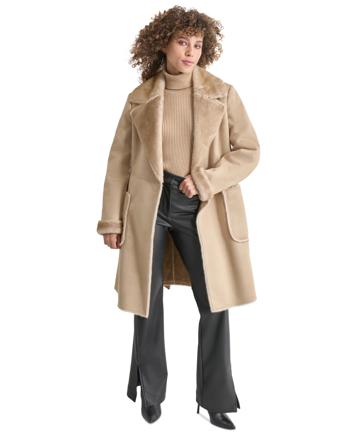 Dkny Women's Belted Notched-Collar Faux-Shearling Coat, Created for Macy's