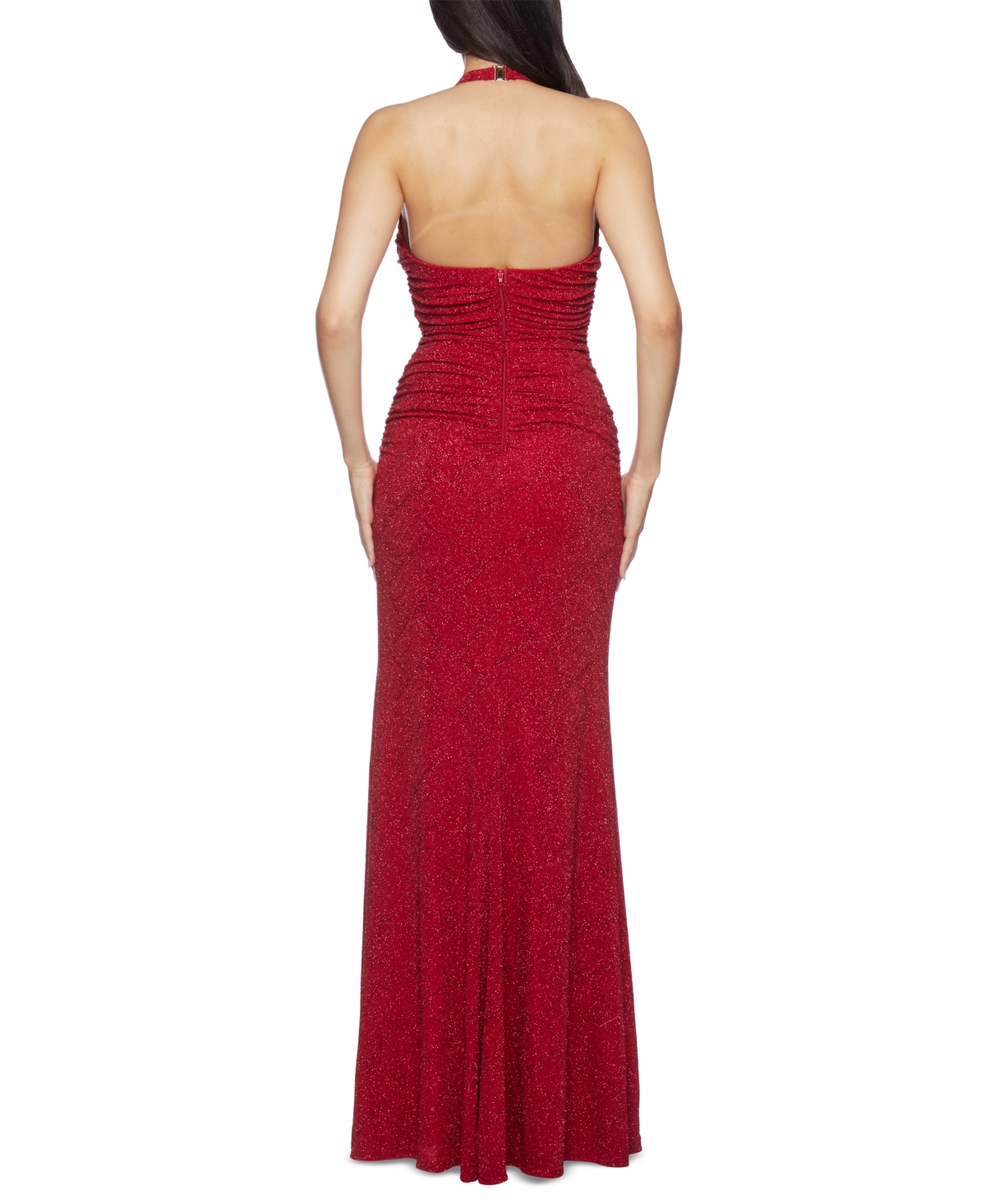 B Darlin Juniors' Glitter-Knit Plunge-Neck Ruched Gown -red
