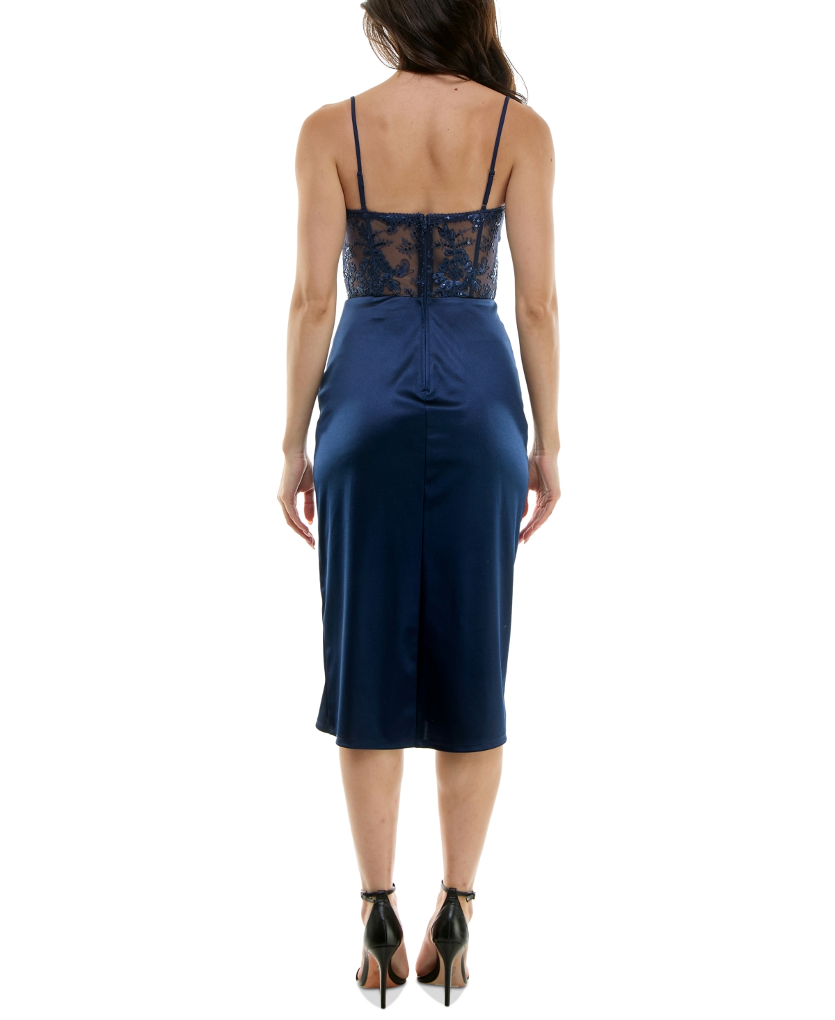 B Darlin Juniors' Sequined Lace Corset Midi Dress -navy