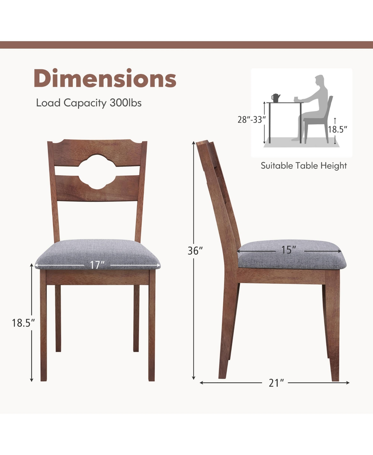 Gymax Set of 4 Dining Chair w/ Padded Seat High Back Rubber Wood Frame Kitchen Chairs - Brown+grey