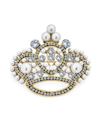 Large Fashion Crystal White Simulated Pearl Queen Crown Brooch Pin