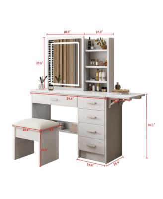 Modern Makeup Vanity Desk with Mirror, Lights, Open Shelves & Chair for Organized Beauty Setup