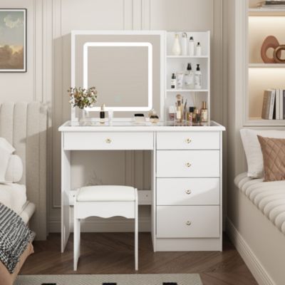White Wood Makeup Vanity Set Dressing Desk with Glass Top