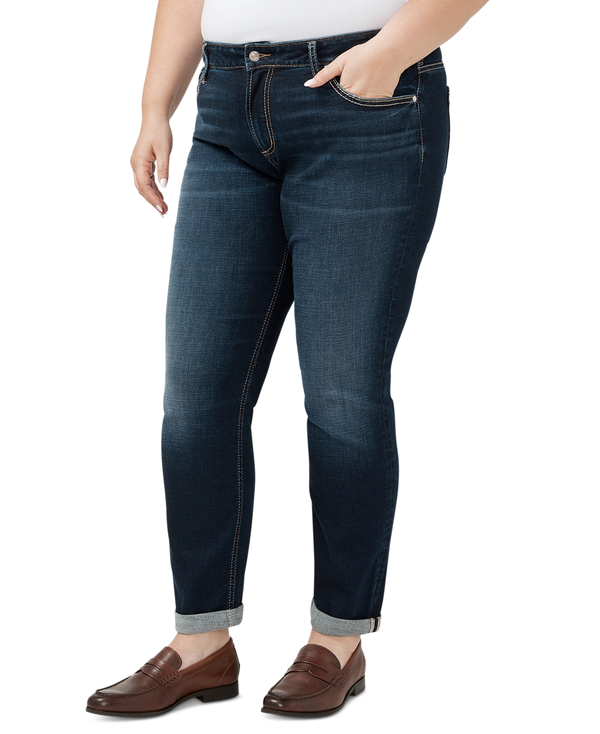 Shop Silver Jeans Co. Plus Size Mid Rise Slim Leg Cuffed Boyfriend Jeans In Indigo