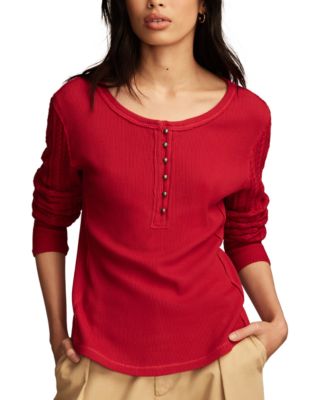 Lucky Brand - Women's Cotton Textured Mixed-Sleeve Henley Top