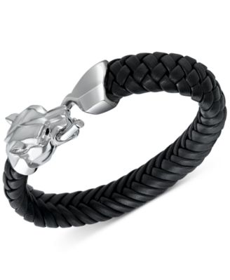 EFFY Collection - Men's Woven Leather Panther Bracelet in Sterling Silver