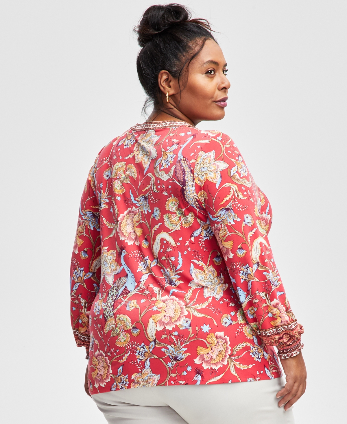 JM COLLECTION PLUS SIZE PRINTED BLOUSON-SLEEVE TOP, EXCLUSIVELY AT MACY'S 