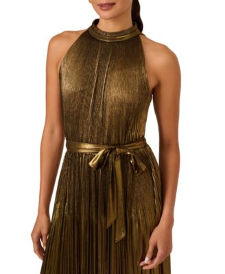 Women's Metallic Pleated Tie-Waist Halter Dress