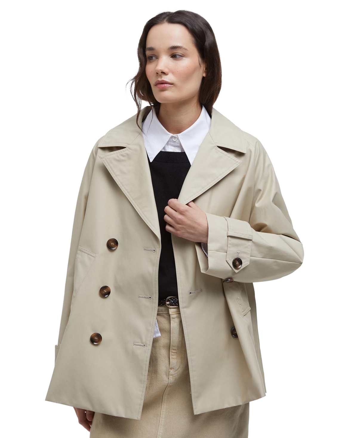 Women's Maisy Short Double-Breasted Trench Coat - Light Sand/Safari Tartan