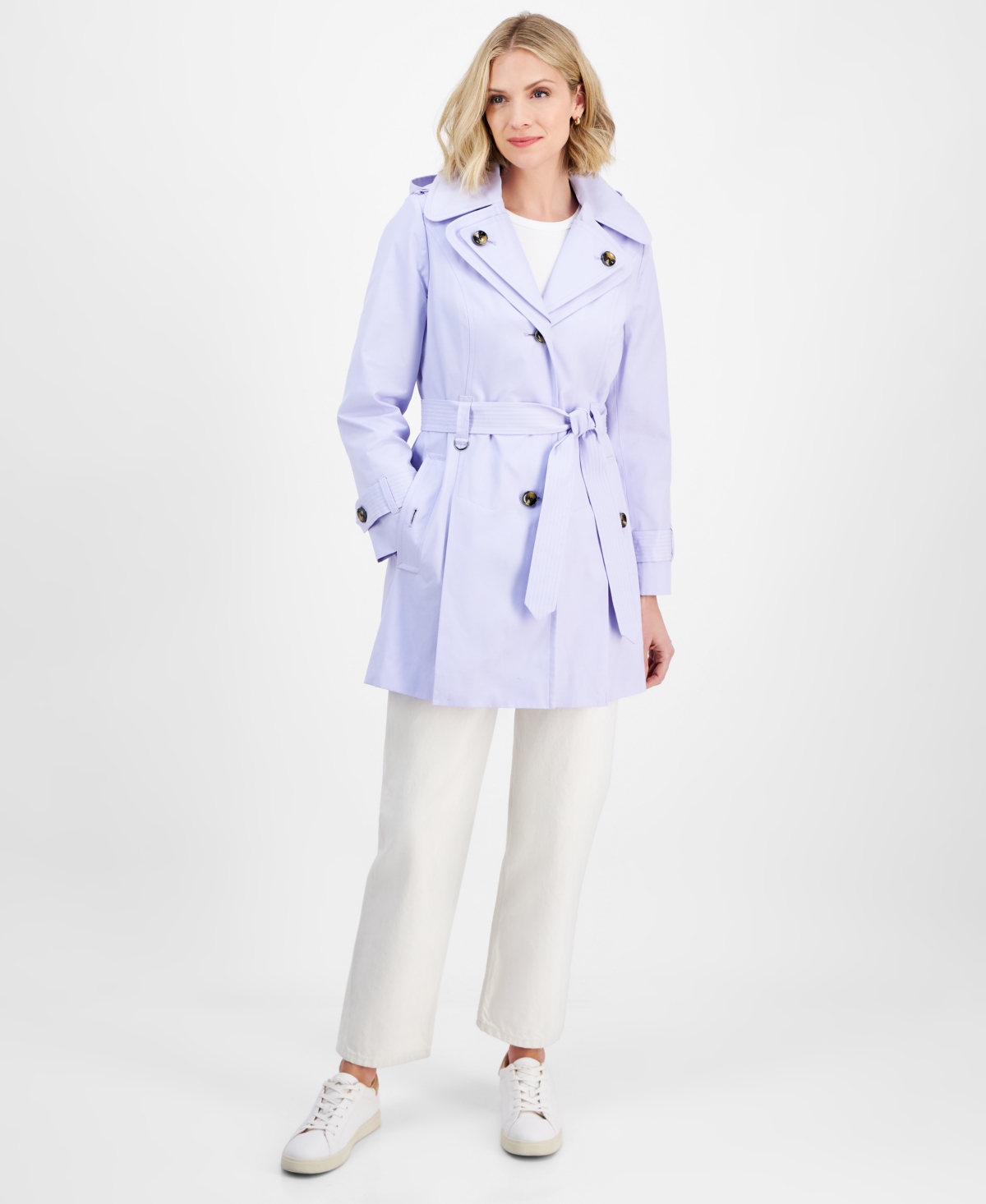 Women's Single-Breasted Hooded Belted Trench Coat - Composite