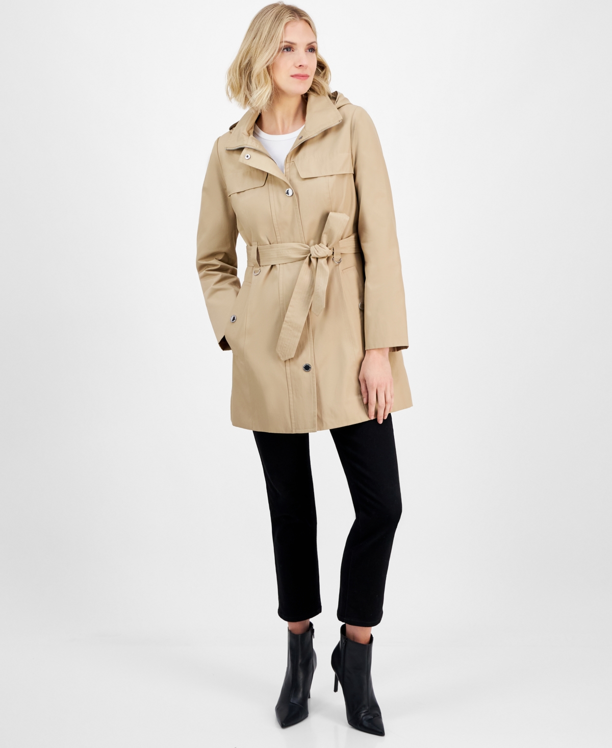 Petite Zip-Front Belted Long-Sleeve Rain Coat - Stone