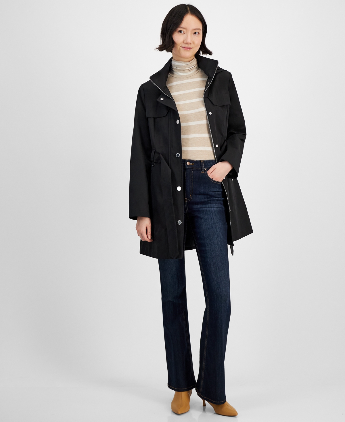 Women's Zip-Front Hooded Belted Trench Coat - Stone