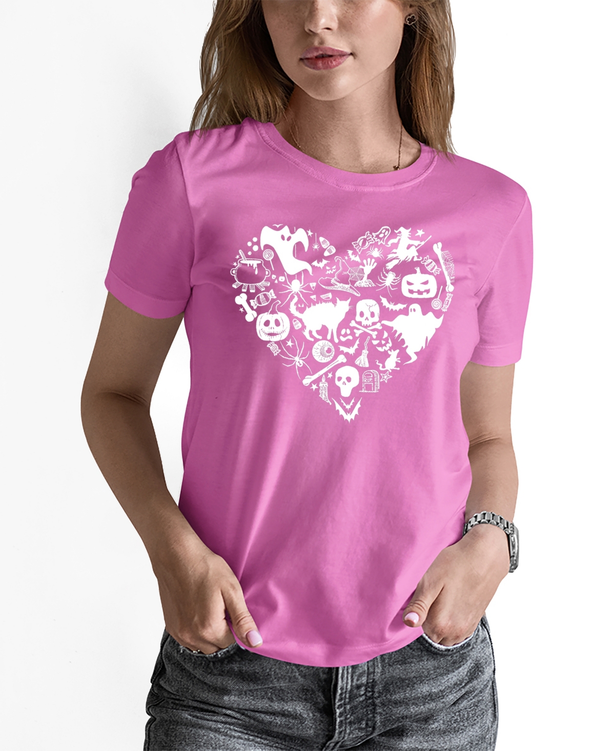 Women's Halloween Heart Art Crew Neck T-Shirt - Pink