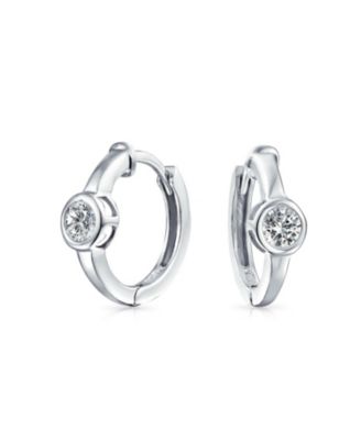 Classic Dainty Round Cubic Zirconia Solitaire Clear Green CZ Small Hoop Huggie Earrings .925 Sterling Silver