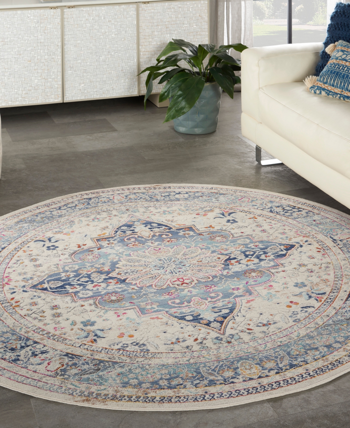Nourison Home Vintage Kashan Vka07 6'x6' Round Area Rug In Ivory,blue