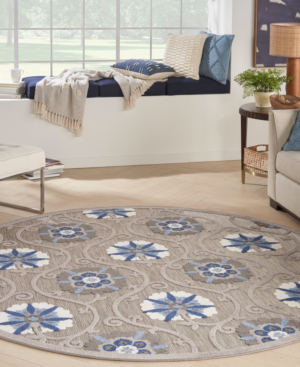 Nourison Home Aloha Alh19 7'10"x7'10" Round Area Rug In Gray,blue