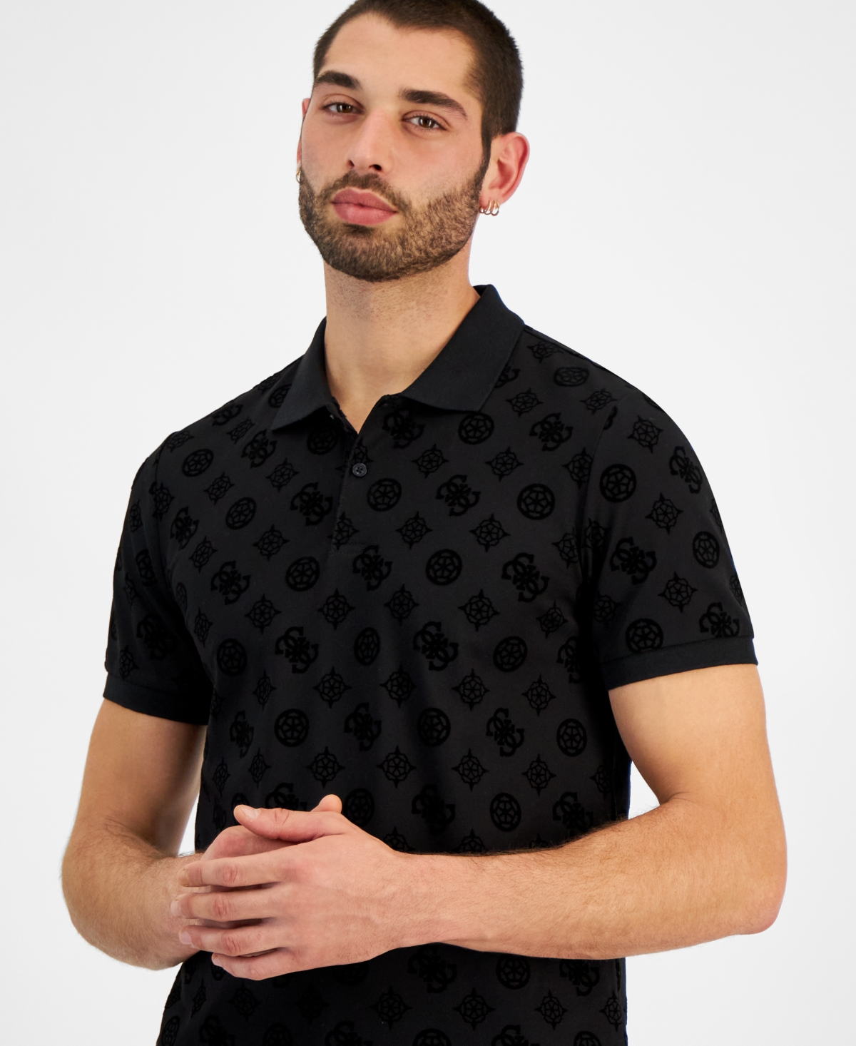 Guess Men's Relaxed-Fit Flocked Peony Logo Polo Shirt - Jet Black A996