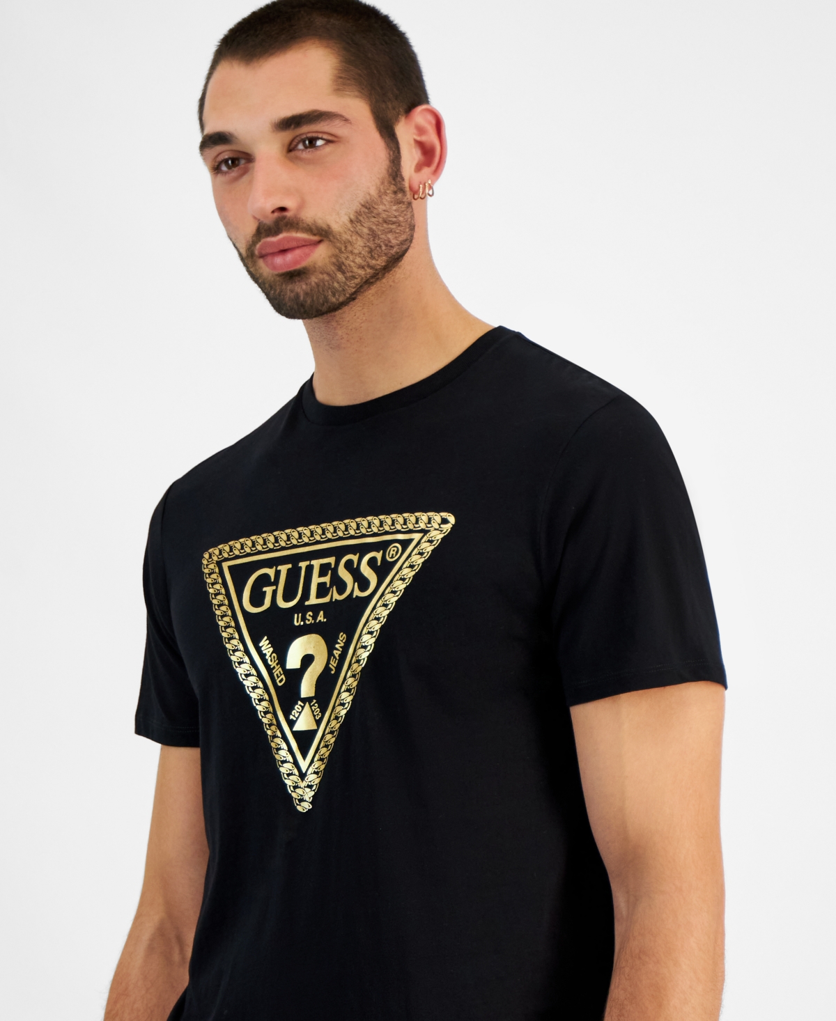 Guess Men's Relaxed-Fit Metallic Chain Triangle Logo Graphic T-Shirt - Jet Black A996