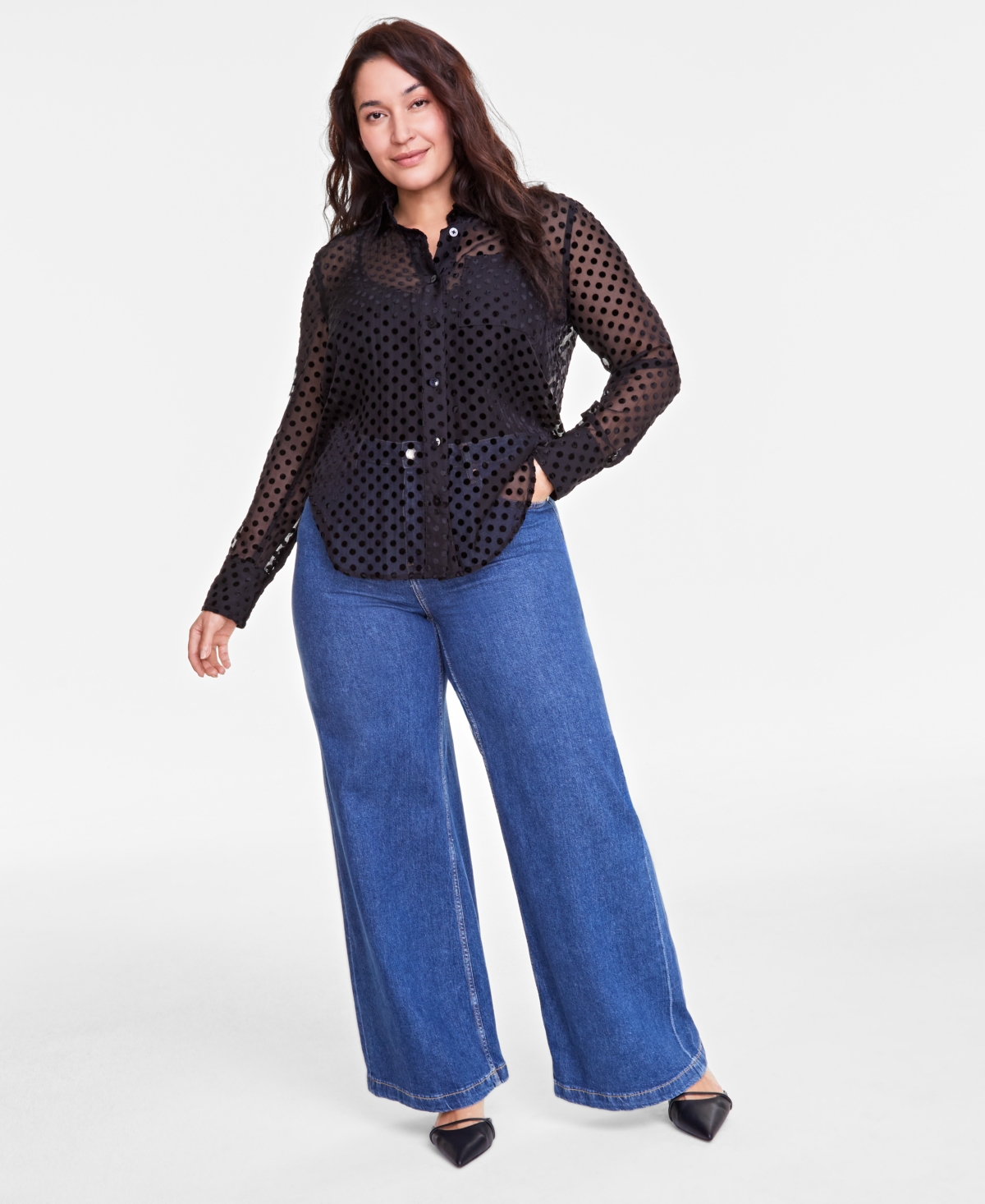 On 34th Trendy Plus Size Sheer Dot-Print Shirt, Exclusively at Macy's