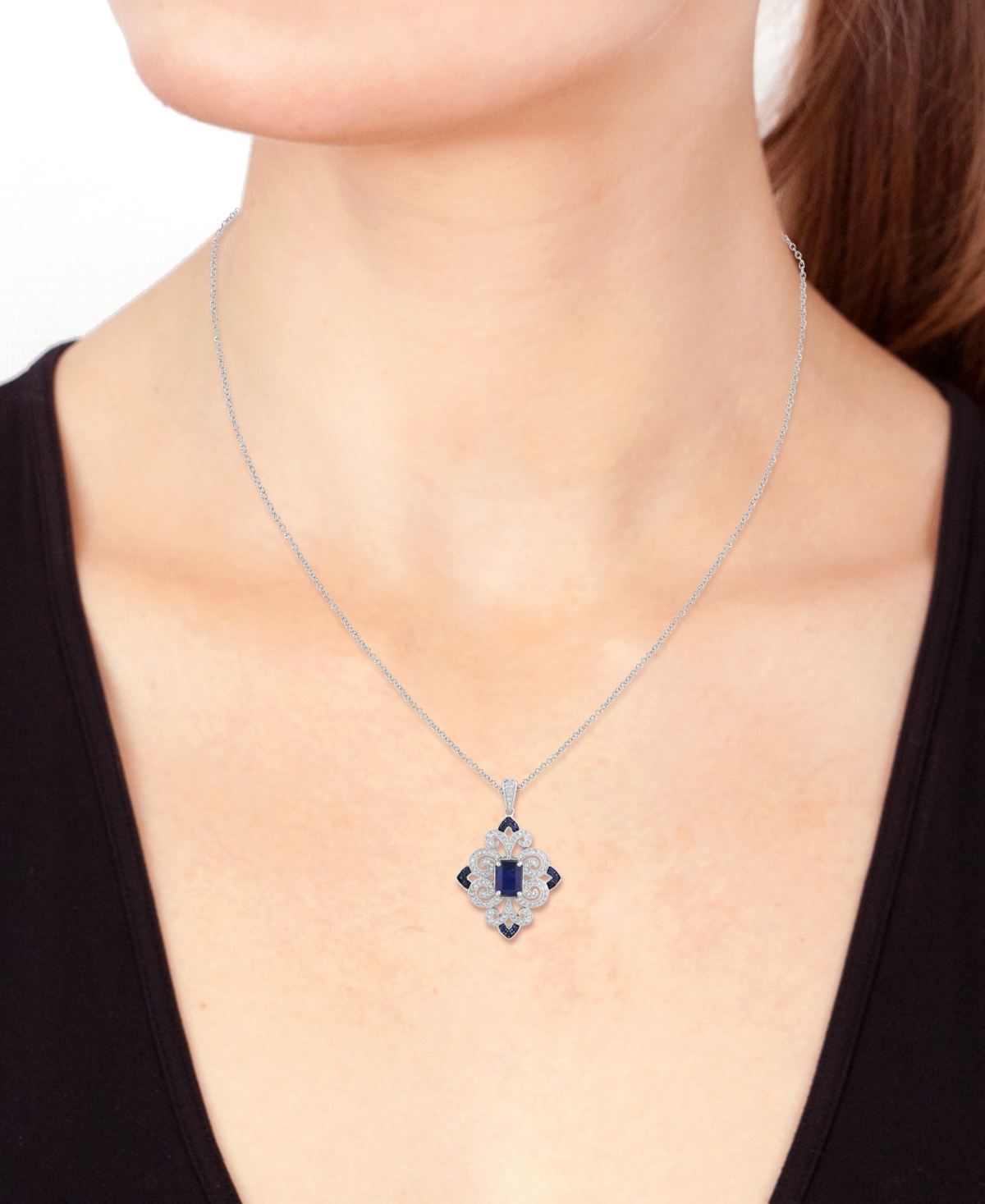 EFFY COLLECTION EFFY SAPPHIRE (1-1/6 CT. T.W.) & DIAMOND (1/3 CT. T.W.) FILIGREE 18" PENDANT NECKLACE IN STERLING SI 