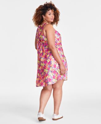 Trendy Plus Floral Satin Round-Neck Mini Dress, Exclusively at Macy's