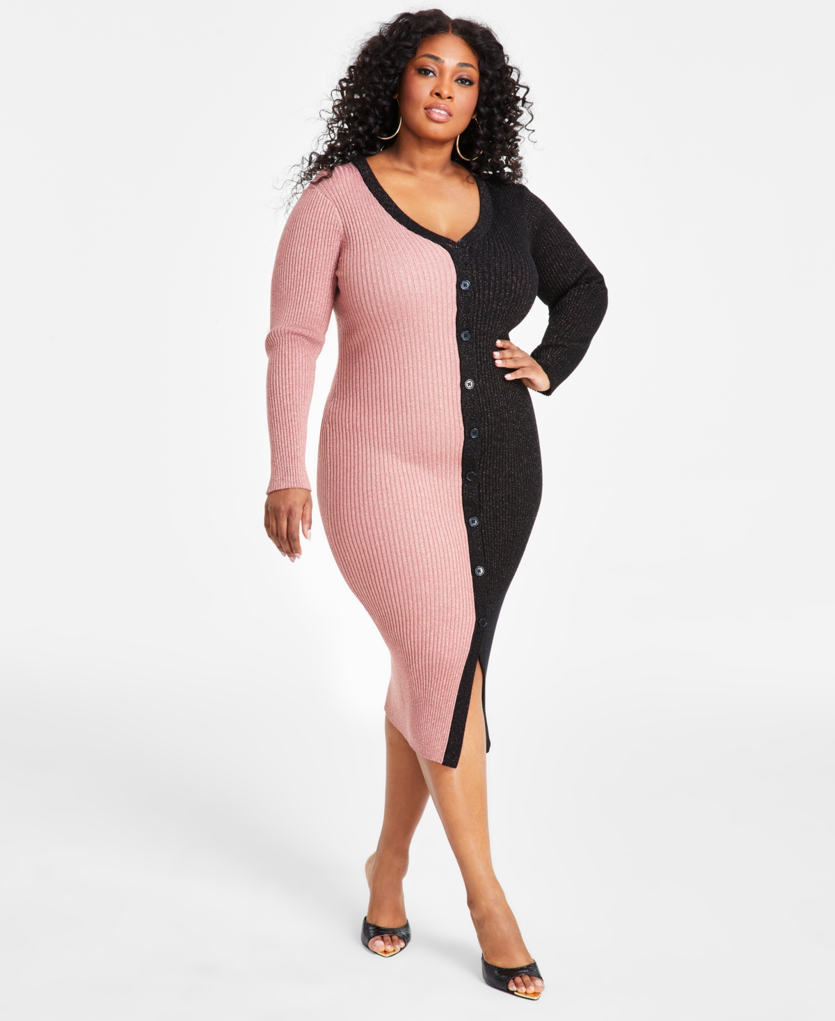 NINA PARKER TRENDY PLUS SIZE RIBBED BUTTON-FRONT DRESS 