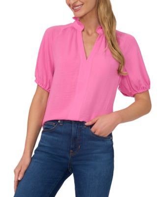 Cece Women s Short Sleeve Ruffle Neck Raglan Split Neck Blouse Pink Blouses