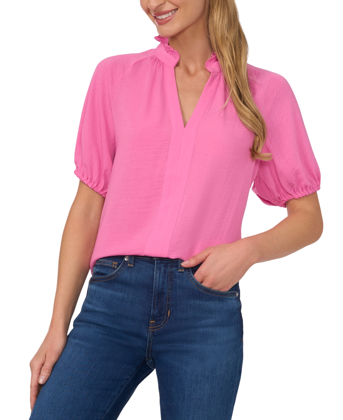 Shop Cece Women's Short Sleeve Ruffle Neck Raglan Split Neck Blouse In Freeisa Pink