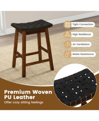 Woven Saddle Stools Set of 2 25.5'' Faux PU Leather Counter Height Kitchen Stool