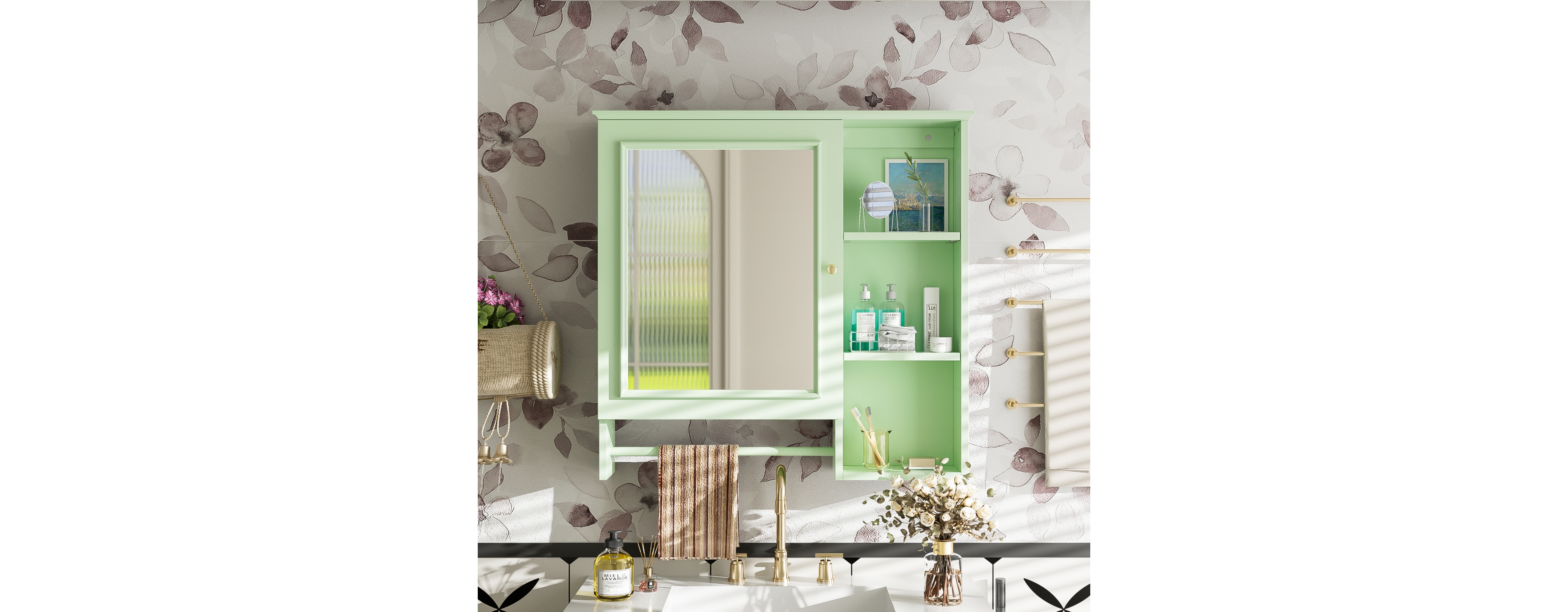 Wall Mounted Bathroom Storage Cabinet, Medicine Cabinets with large mirror door, adjustable shelves and three open storage levels(Not Include Bathroom