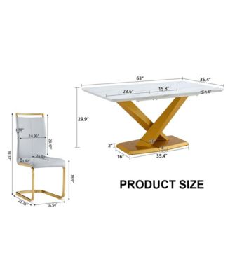 Table and chair set, The table is equipped with a marble patterned MDF tabletop and gold table legs.The chair is equipped with PU synthetic leather high back cushion and gold coated metal legs.
