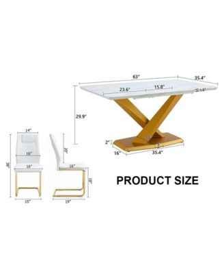 Table and chair set, The table is equipped with a marble patterned MDF tabletop and gold table legs.Dining chairs, gold legged upholstered chairs made of artificial leather.
