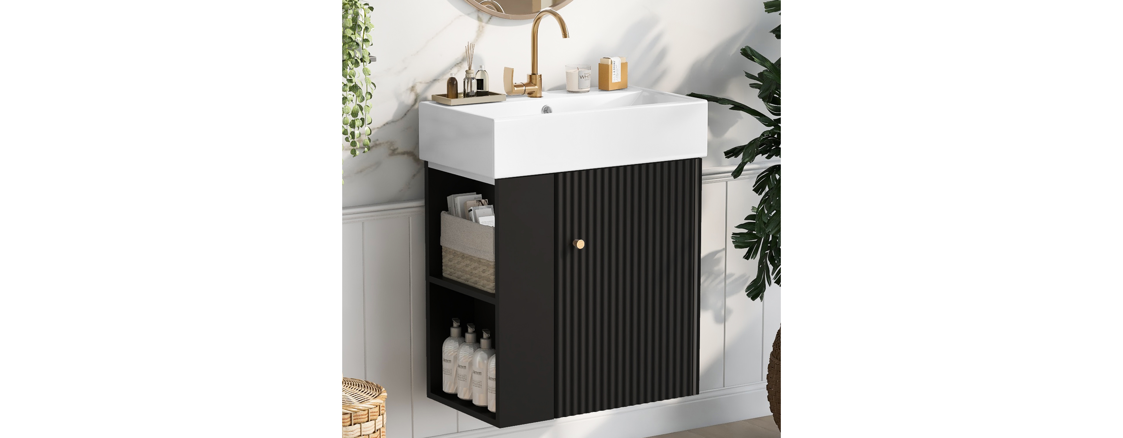 21.6 inch Modern Floating Bathroom Vanity with Ceramic Basin - Perfect for Small Bathrooms, Left side storage