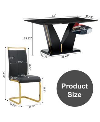 Table and chair set, Modern minimalist rectangular dining table, 0.4 inch thick, with a black imitation marble pattern glass desktop and black MDF legs. Comfortable PU seats, perfect for dinner, meet