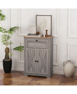 Farmhouse Barn Door Accent Cabinet, Kitchen Sideboard Storage Cabinet with Double Doors, Drawer, and Adjustable Shelf for Bedroom, Living Room, Gray